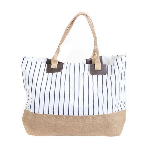 WHITE LABEL - Shopping bag-WHITE LABEL-Grand sac cabas à rayures pochette unie fond rayé