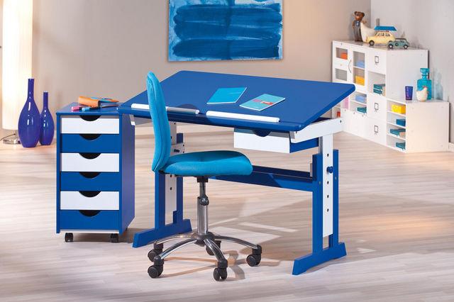 WHITE LABEL - Children's desk-WHITE LABEL-Bureau enfant bois massif blanc et bleu inclinable