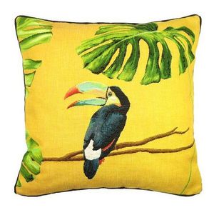 Art De Lys - toucan bec bleu, jungle fond jaune - Kissen Quadratisch