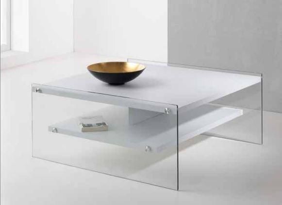 WHITE LABEL - Tavolino rettangolare-WHITE LABEL-Table basse BELLA  2 plateaux blanc avec piétement